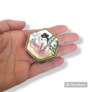 Vintage Japanese Hexagon Enamel Trinket Box with Brass Trim Jewelry/Pill Box
